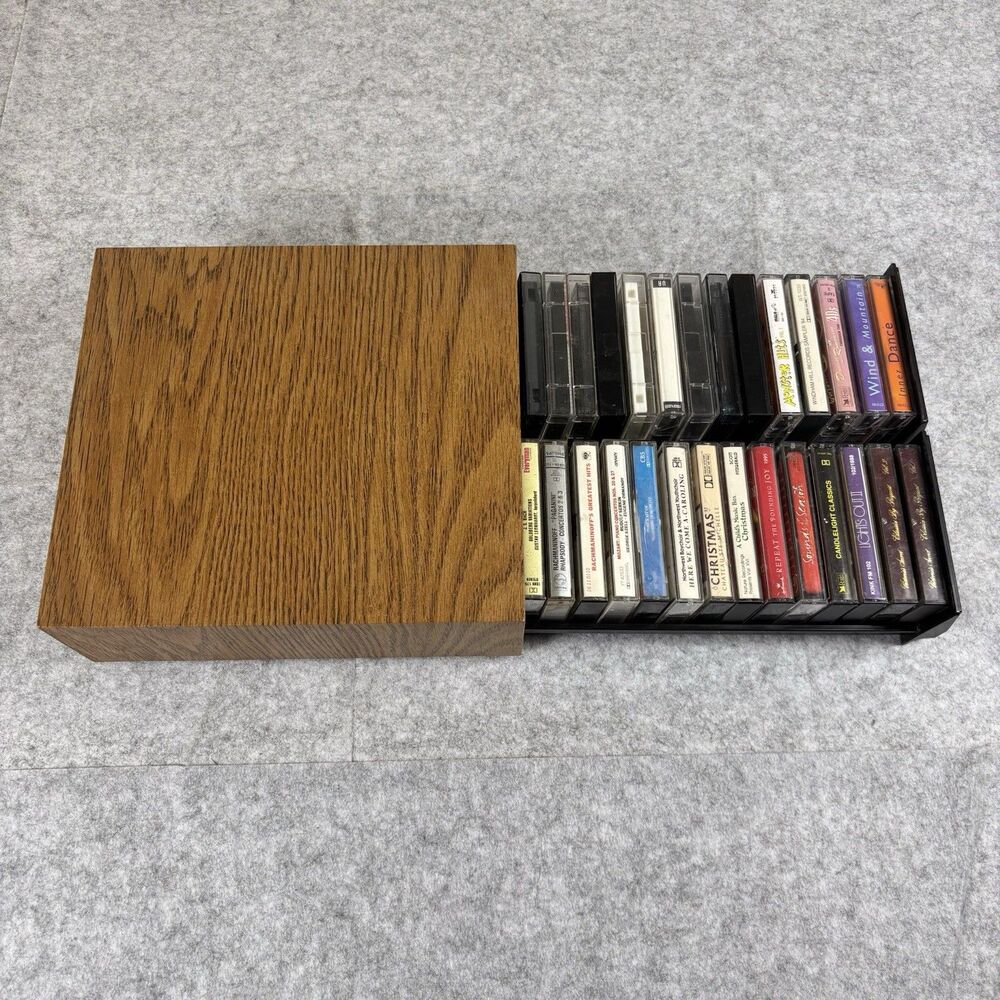 Classical Orchestra Holiday Cassette Tape Lot of 28 & Two Drawer Faux Wood Case